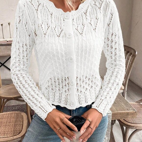 White Casual Women's Crew Neck Hollow Front Button Cardigan Knit Sweater - Picture 7 of 7